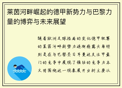 莱茵河畔崛起的德甲新势力与巴黎力量的博弈与未来展望