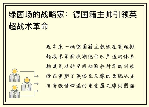 绿茵场的战略家：德国籍主帅引领英超战术革命